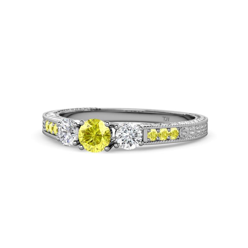 Ayaka Yellow and White Diamond Three Stone with Side Yellow Diamond Ring 