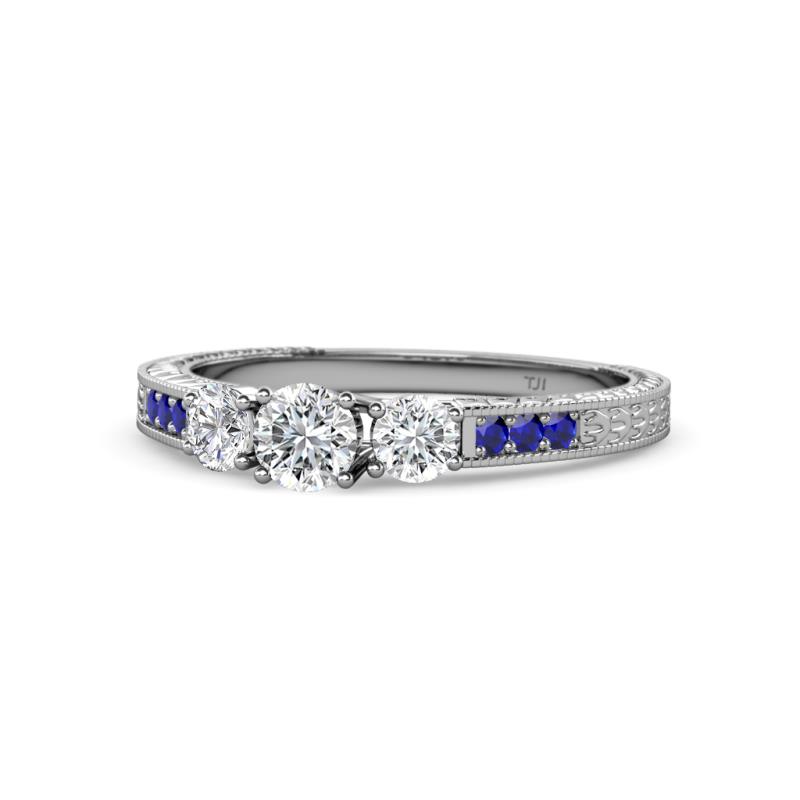 Ayaka Diamond Three Stone with Side Blue Sapphire Ring 