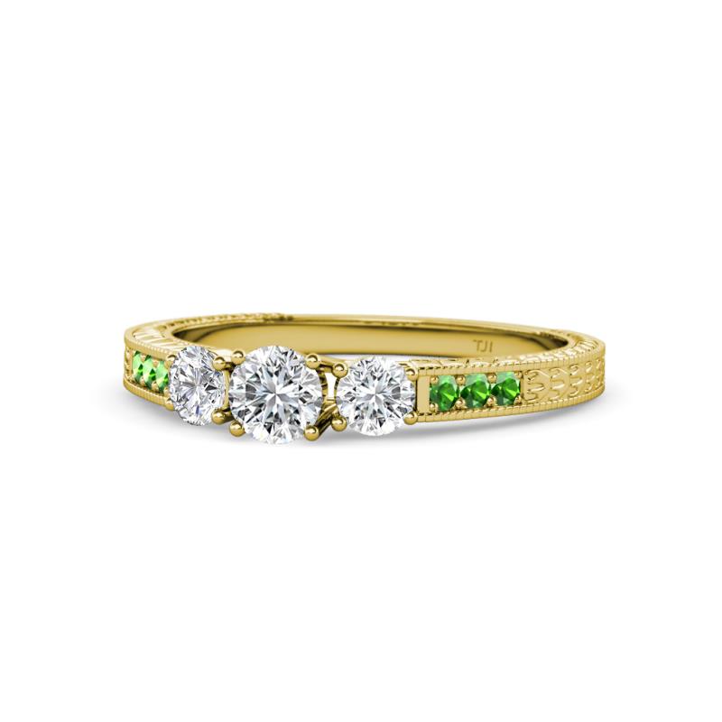 Ayaka Diamond Three Stone with Side Green Garnet Ring 