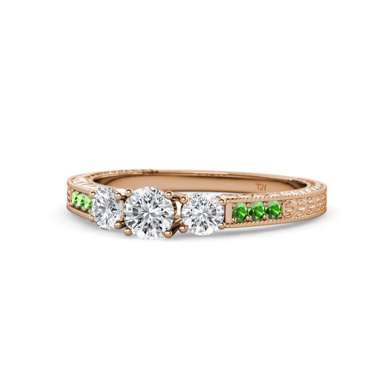Ayaka Diamond Three Stone with Side Green Garnet Ring 