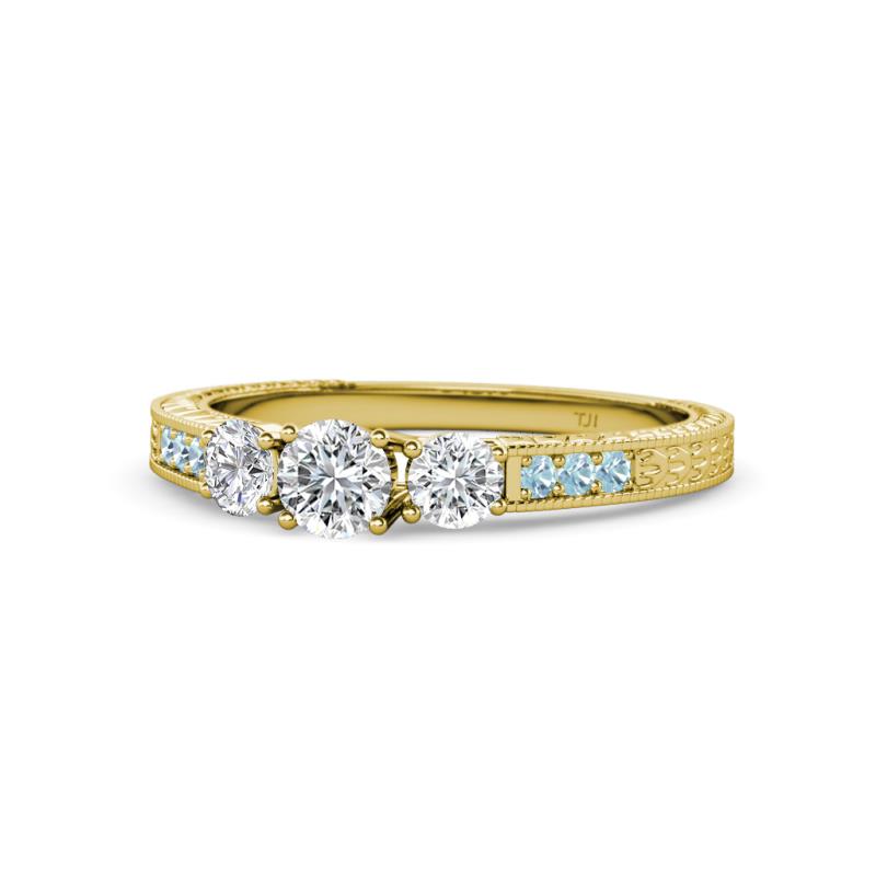 Ayaka Diamond Three Stone with Side Aquamarine Ring 