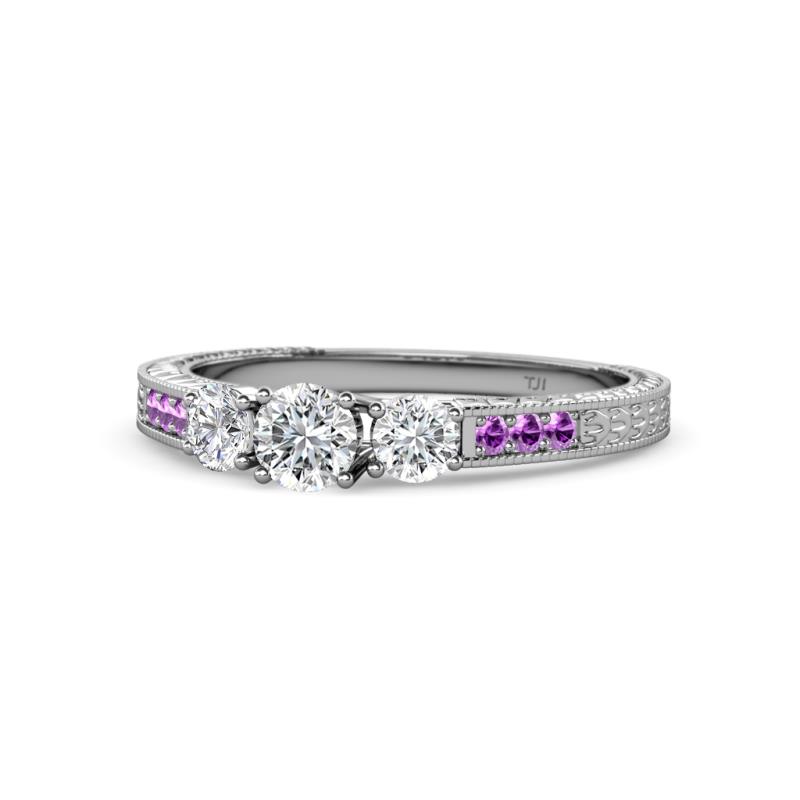 Ayaka Diamond Three Stone with Side Amethyst Ring 
