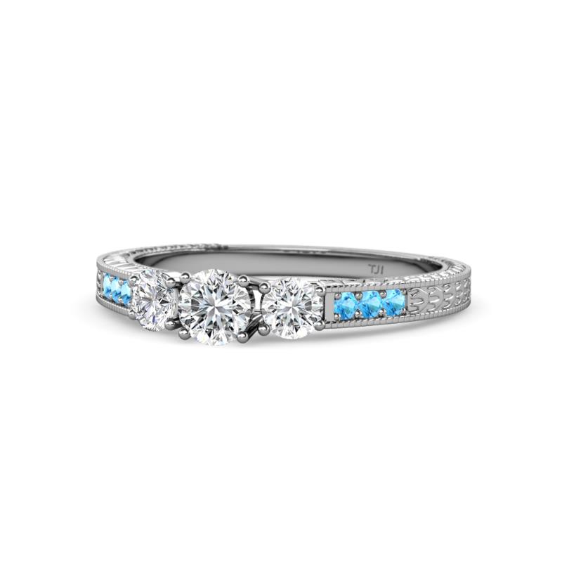 Ayaka Diamond Three Stone with Side Blue Topaz Ring 
