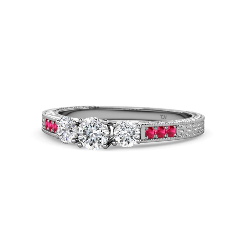 Ayaka Diamond Three Stone with Side Ruby Ring 