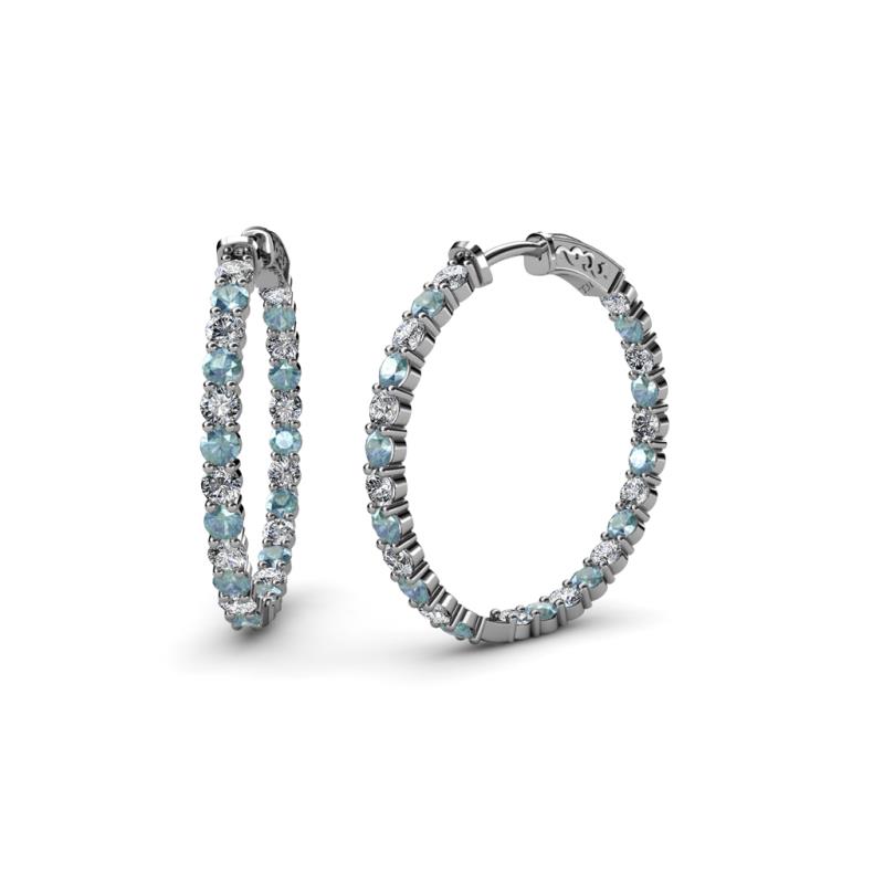 Carisa 1.60 ctw (2.30 mm) Inside Outside Round Aquamarine and Natural Diamond Eternity Hoop Earrings 