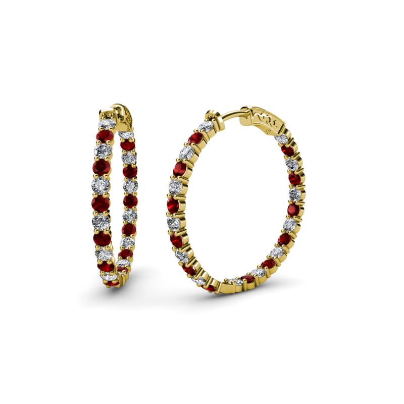 Carisa 2.05 ctw (2.30 mm) Inside Outside Round Red Garnet and Natural Diamond Eternity Hoop Earrings 