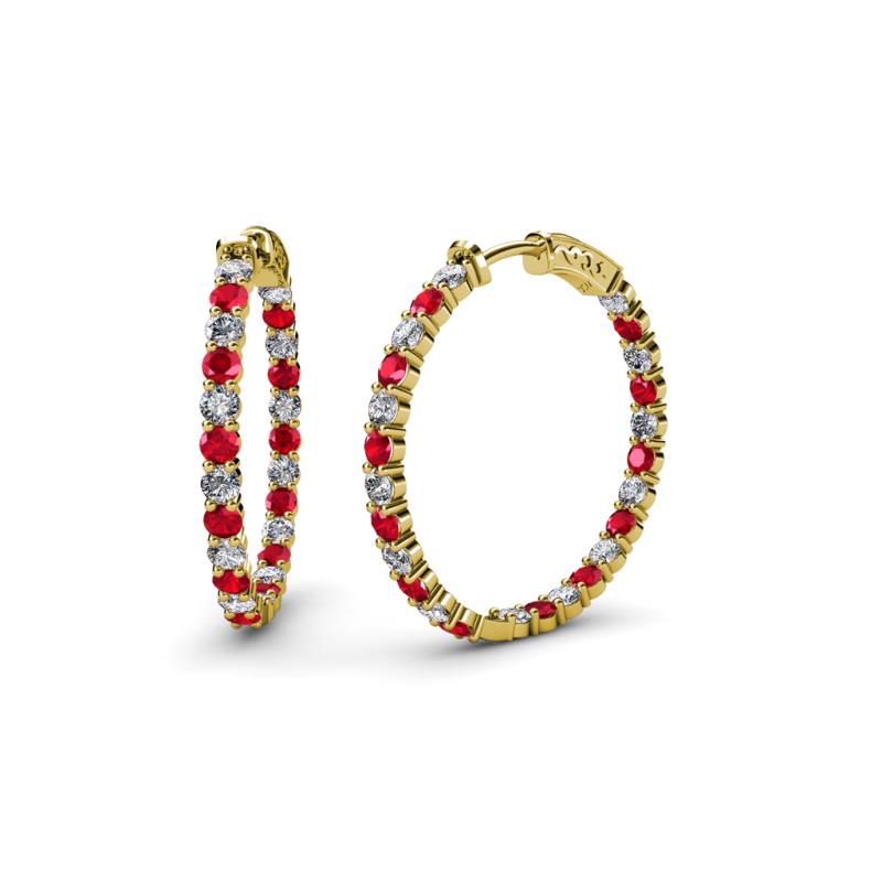 Carisa 1.95 ctw (2.30 mm) Inside Outside Round Ruby and Natural Diamond Eternity Hoop Earrings 