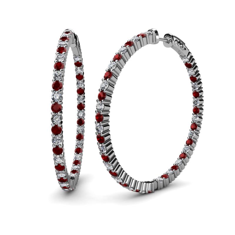 Carisa 6.61 ctw (2.70 mm) Inside Outside Round Red Garnet and Natural Diamond Eternity Hoop Earrings 