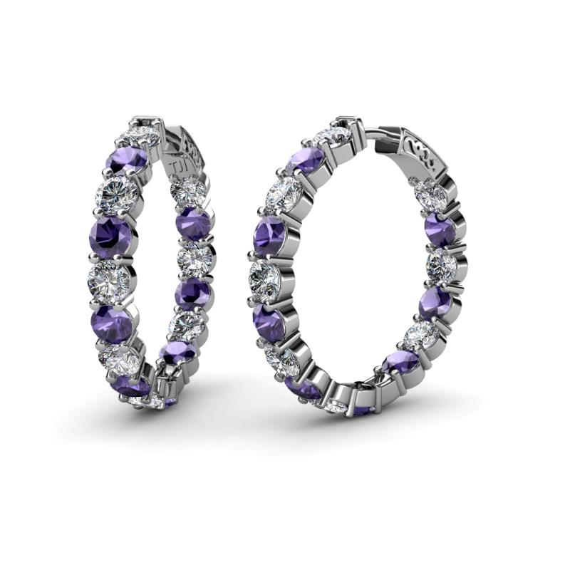 Carisa 11.38 ctw (4.50 mm) Inside Outside Round Iolite and Natural Diamond Eternity Hoop Earrings 