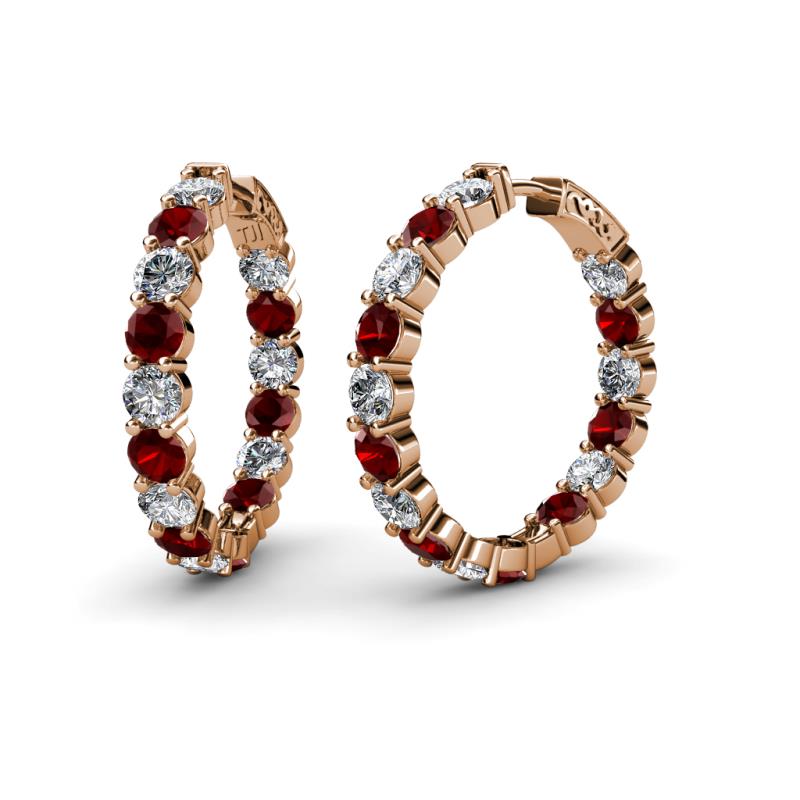 Carisa 11.98 ctw (4.50 mm) Inside Outside Round Red Garnet and Natural Diamond Eternity Hoop Earrings 