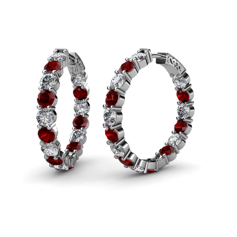 Carisa 11.98 ctw (4.50 mm) Inside Outside Round Red Garnet and Lab Grown Diamond Eternity Hoop Earrings 