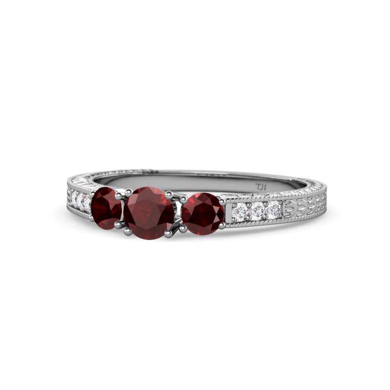 Ayaka Red Garnet Three Stone with Side Diamond Ring 