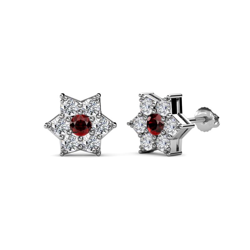 Amora Red Garnet and Diamond Flower Earrings 