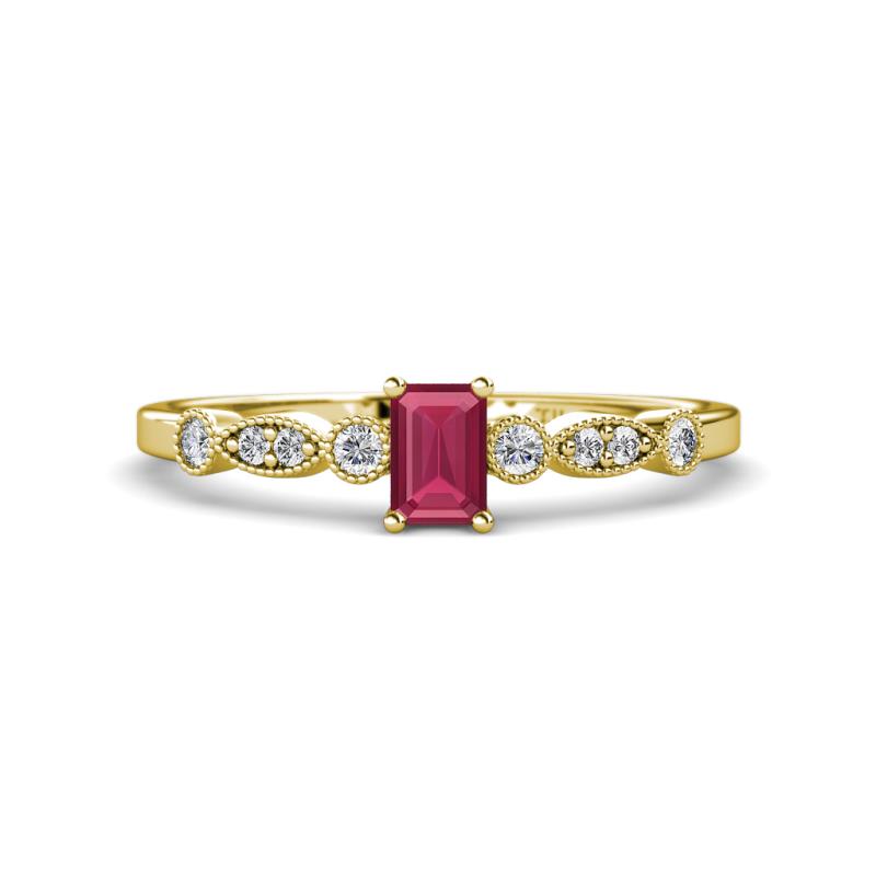 Kiara Desire Emerald Cut Rhodolite Garnet and Round Diamond Engagement Ring 
