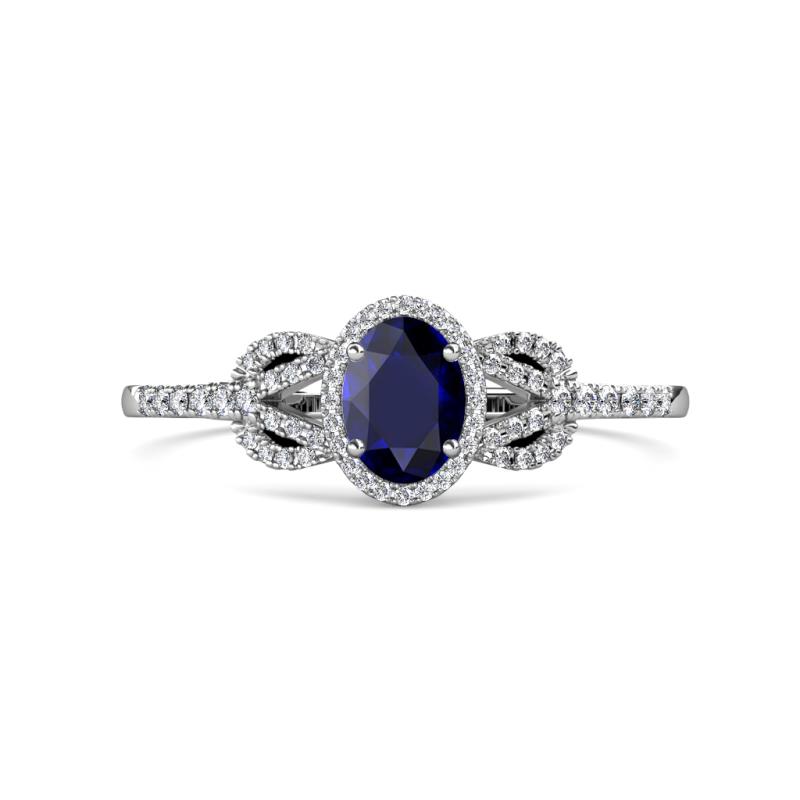 Jennifer Rainbow Oval Cut Blue Sapphire and Round Diamond Love Knot Halo Engagement Ring 