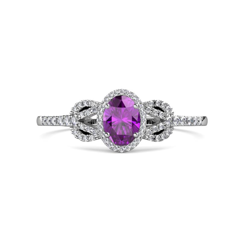 Jennifer Rainbow Oval Cut Amethyst and Round Diamond Love Knot Halo Engagement Ring 