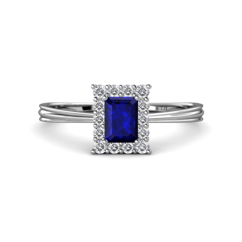 Margaret Rainbow Emerald Cut Blue Sapphire and Round Diamond Tapered Ridged Shank Halo Engagement Ring 