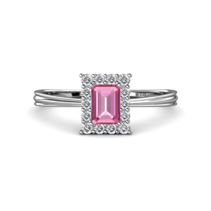 Margaret Rainbow Emerald Cut Pink Sapphire and Round Diamond Tapered Ridged Shank Halo Engagement Ring 