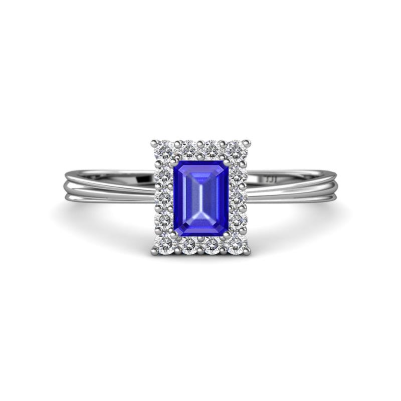 Margaret Rainbow Emerald Cut Tanzanite and Round Diamond Tapered Ridged Shank Halo Engagement Ring 
