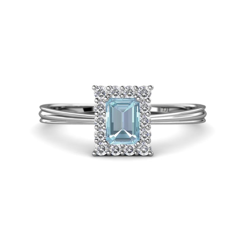 Margaret Rainbow Emerald Cut Aquamarine and Round Diamond Tapered Ridged Shank Halo Engagement Ring 