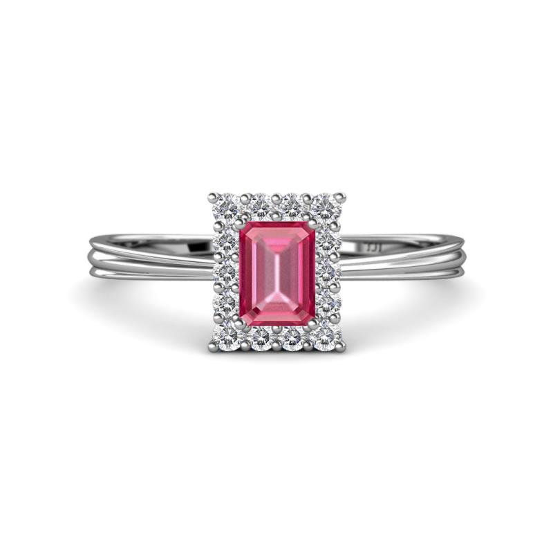Margaret Rainbow Emerald Cut Pink Tourmaline and Round Diamond Tapered Ridged Shank Halo Engagement Ring 