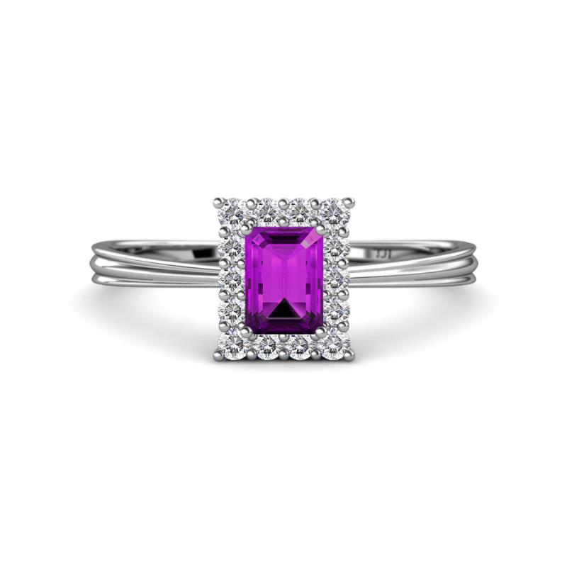 Margaret Rainbow Emerald Cut Amethyst and Round Diamond Tapered Ridged Shank Halo Engagement Ring 