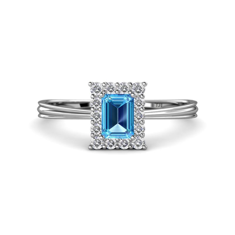 Margaret Rainbow Emerald Cut Blue Topaz and Round Diamond Tapered Ridged Shank Halo Engagement Ring 