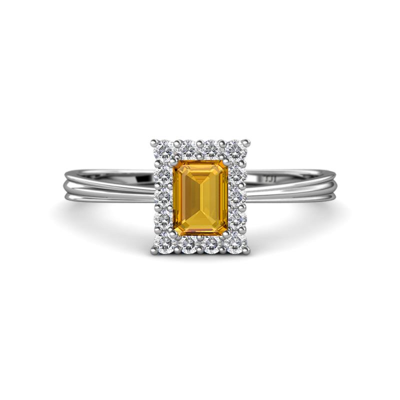Margaret Rainbow Emerald Cut Citrine and Round Diamond Tapered Ridged Shank Halo Engagement Ring 