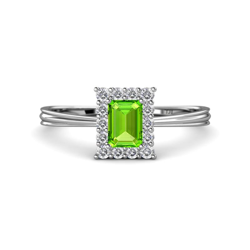 Margaret Rainbow Emerald Cut Peridot and Round Diamond Tapered Ridged Shank Halo Engagement Ring 