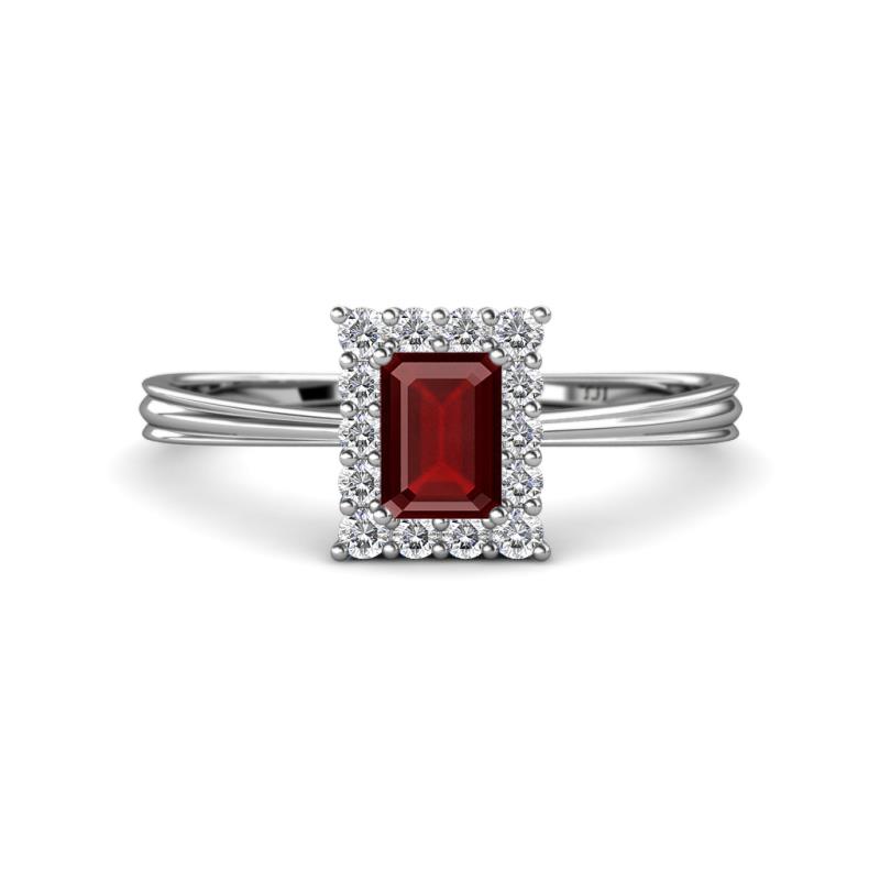 Margaret Rainbow Emerald Cut Red Garnet and Round Diamond Tapered Ridged Shank Halo Engagement Ring 