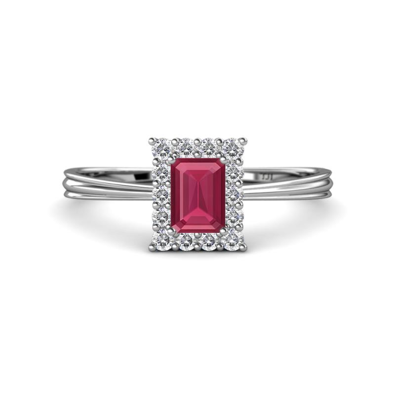 Margaret Rainbow Emerald Cut Rhodolite Garnet and Round Diamond Tapered Ridged Shank Halo Engagement Ring 