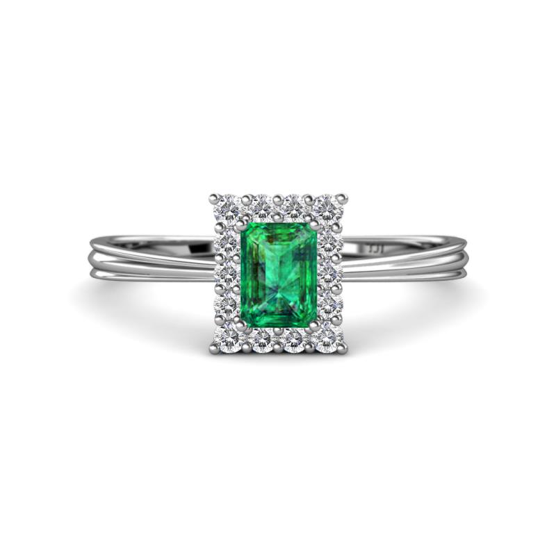 Margaret Rainbow Emerald Cut Emerald and Round Diamond Tapered Ridged Shank Halo Engagement Ring 
