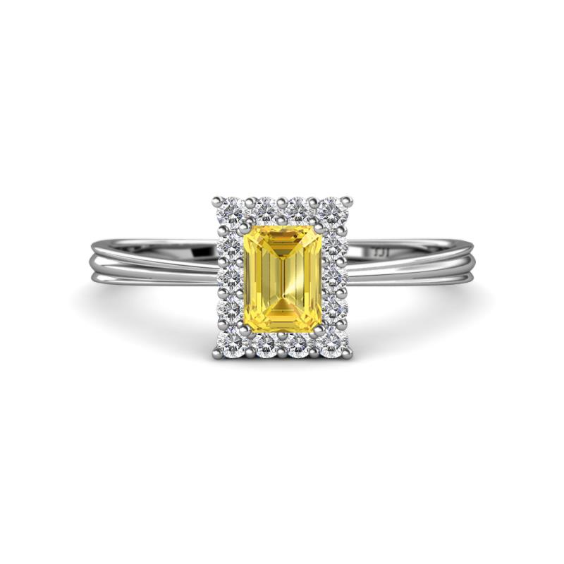 Margaret Rainbow Emerald Cut Yellow Sapphire and Round Diamond Tapered Ridged Shank Halo Engagement Ring 