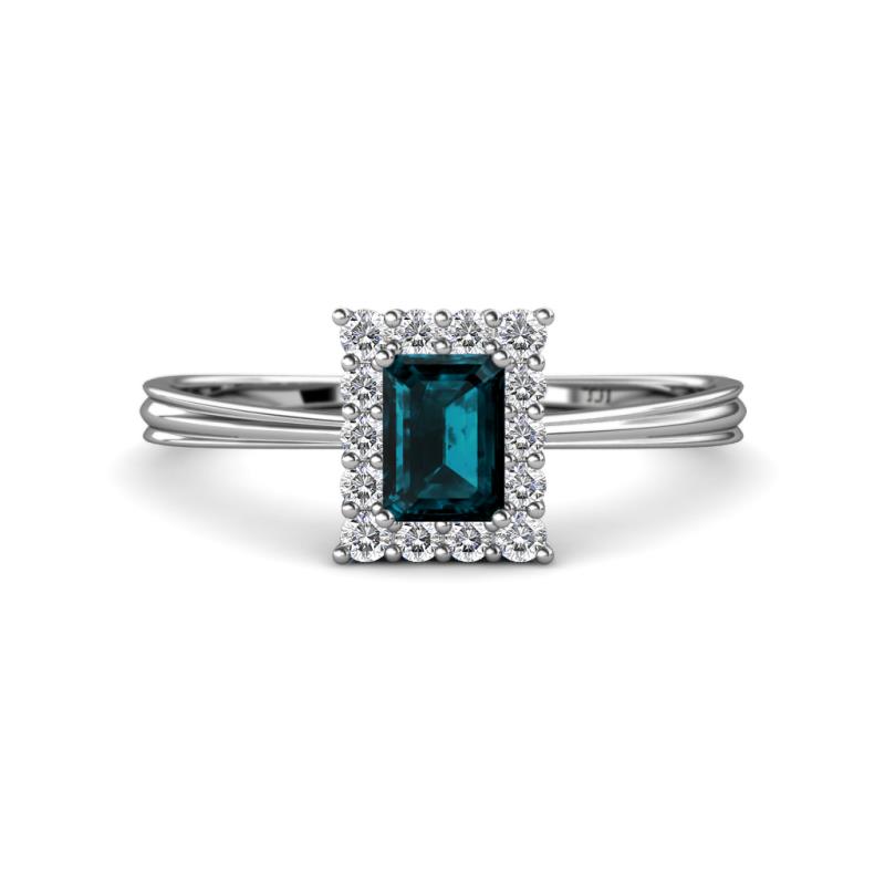 Margaret Rainbow Emerald Cut London Blue Topaz and Round Diamond Tapered Ridged Shank Halo Engagement Ring 