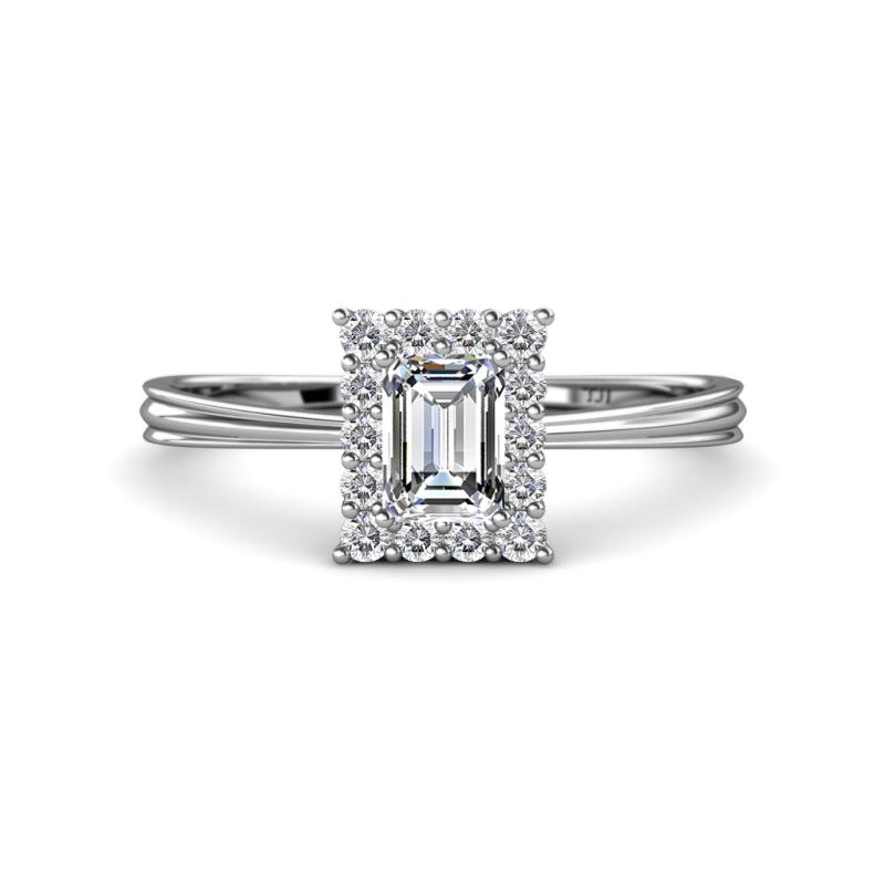 Margaret Rainbow Emerald Cut and Round Diamond Tapered Ridged Shank Halo Engagement Ring 