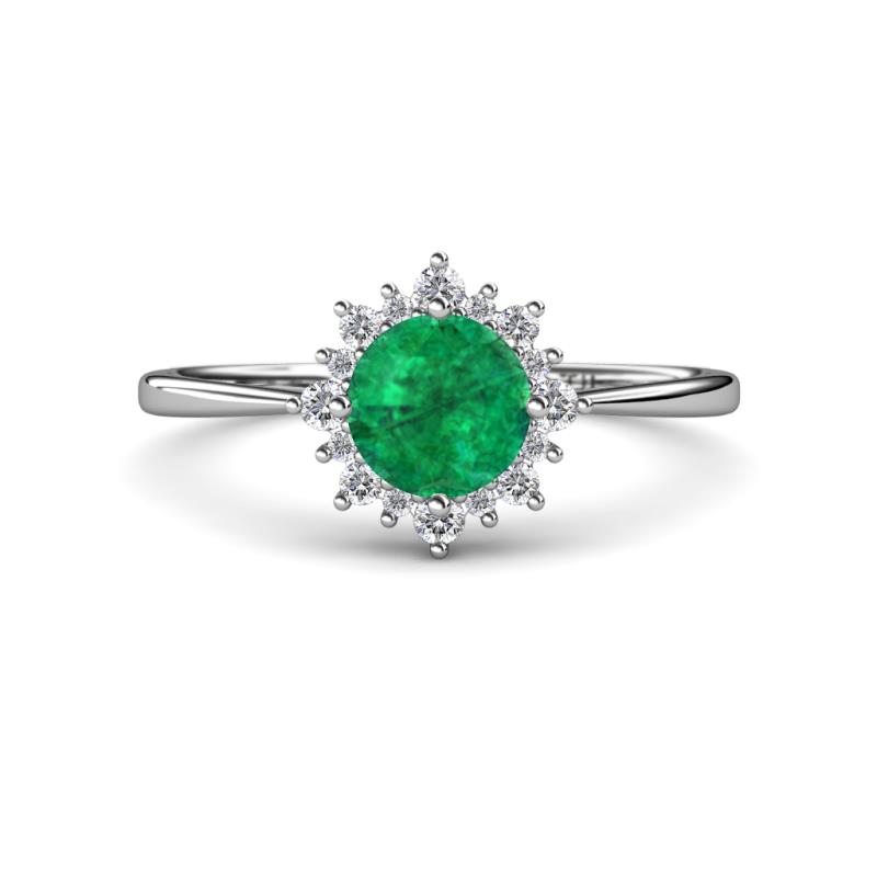 Celeste Rainbow Round Emerald and Diamond Sunburst Halo Engagement Ring 