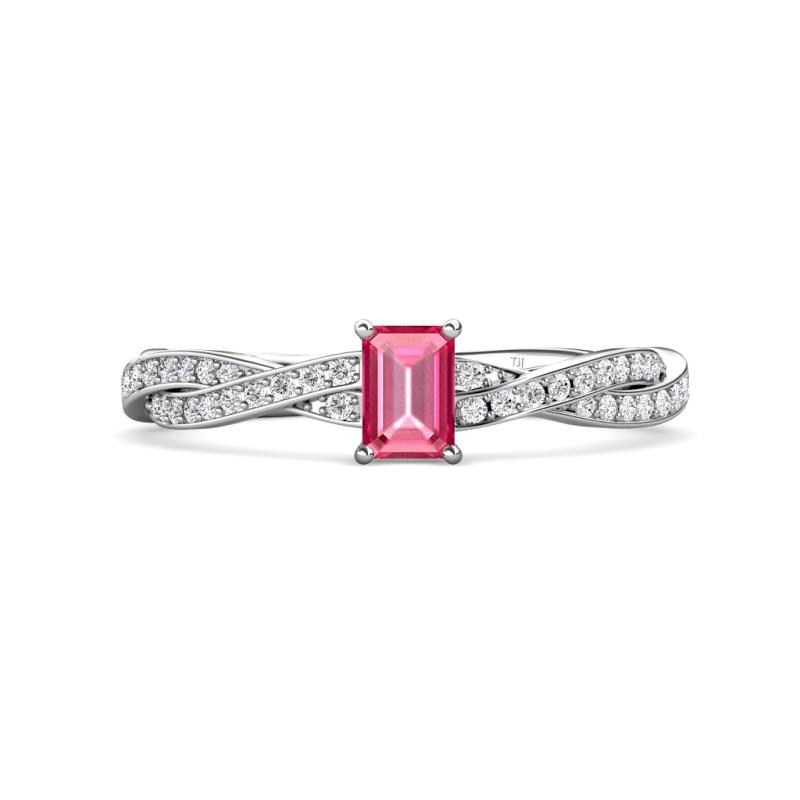 Avril Desire Emerald Cut Pink Tourmaline and Round Diamond Twist Braided Shank Engagement Ring 