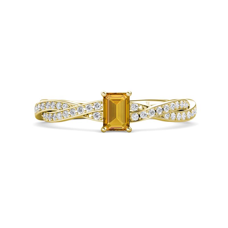 Avril Desire Emerald Cut Citrine and Round Diamond Twist Braided Shank Engagement Ring 