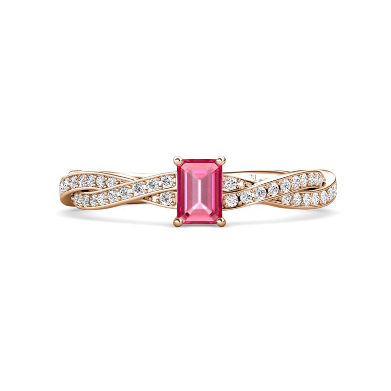 Avril Desire Emerald Cut Pink Tourmaline and Round Diamond Twist Braided Shank Engagement Ring 