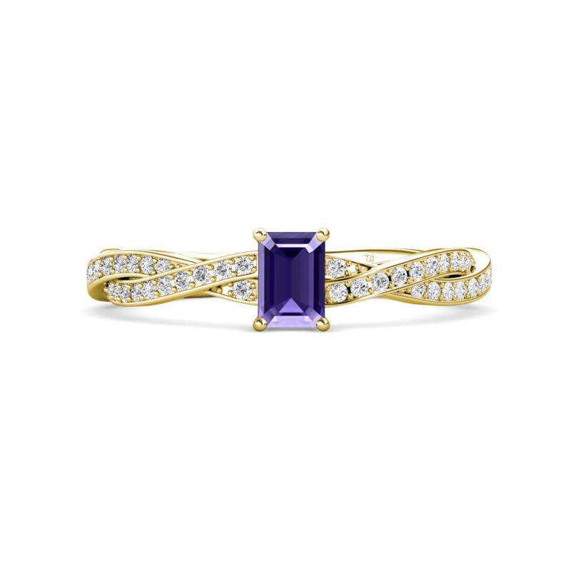 Avril Desire Emerald Cut Iolite and Round Diamond Twist Braided Shank Engagement Ring 