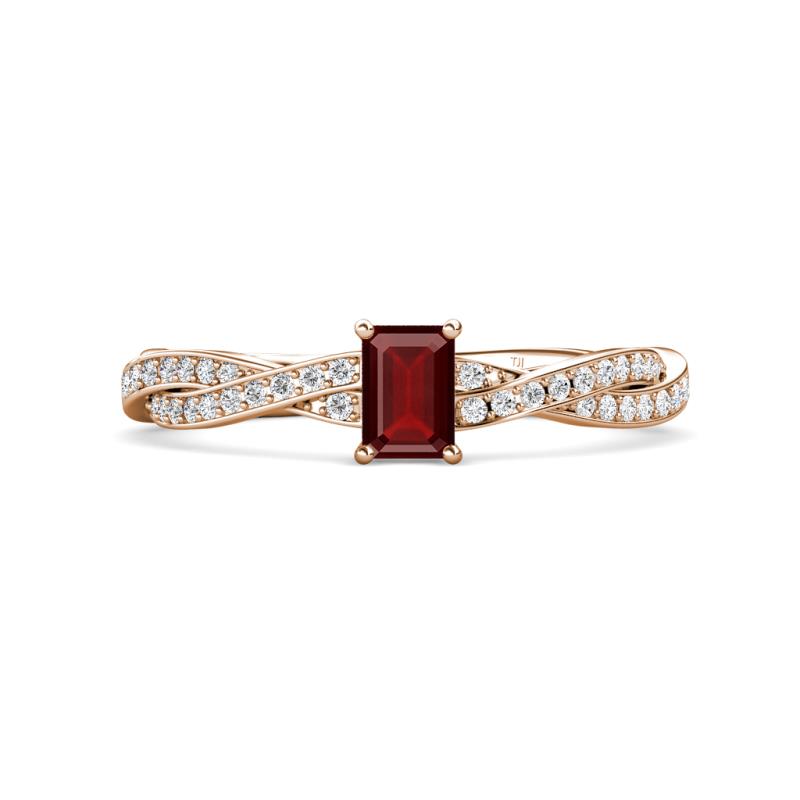 Avril Desire Emerald Cut Red Garnet and Round Diamond Twist Braided Shank Engagement Ring 