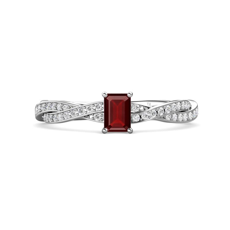 Avril Desire Emerald Cut Red Garnet and Round Diamond Twist Braided Shank Engagement Ring 