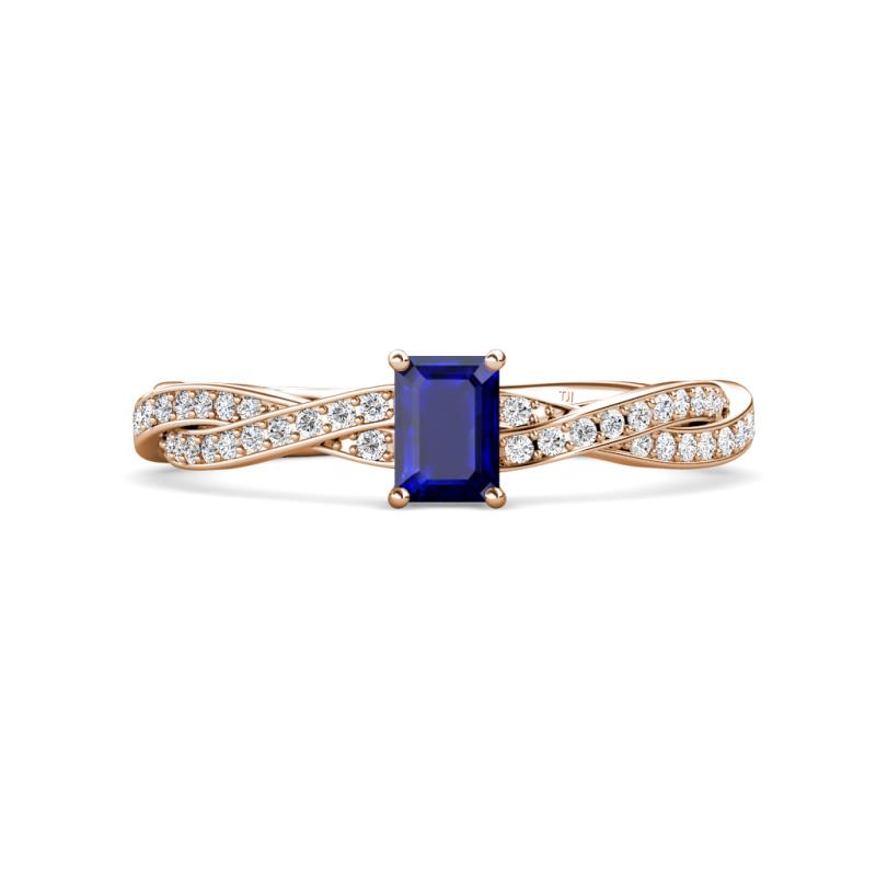 Avril Desire Emerald Cut Blue Sapphire and Round Diamond Twist Braided Shank Engagement Ring 