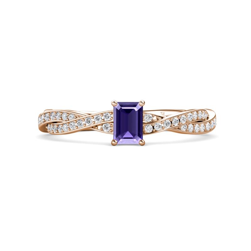 Avril Desire Emerald Cut Iolite and Round Diamond Twist Braided Shank Engagement Ring 