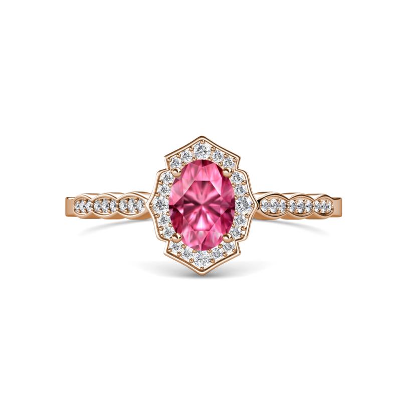 Flora Desire Oval Cut Pink Tourmaline and Round Diamond Vintage Scallop Halo Engagement Ring 