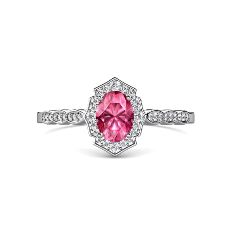 Flora Desire Oval Cut Pink Tourmaline and Round Diamond Vintage Scallop Halo Engagement Ring 
