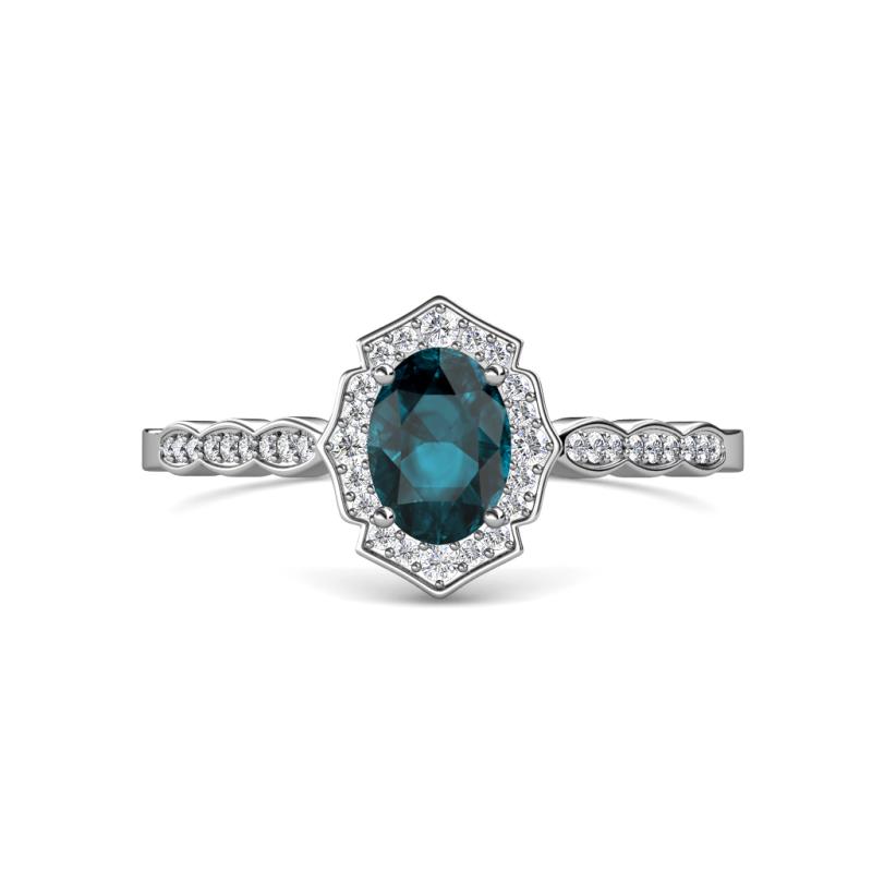 Flora Desire Oval Cut London Blue Topaz and Round Diamond Vintage Scallop Halo Engagement Ring 