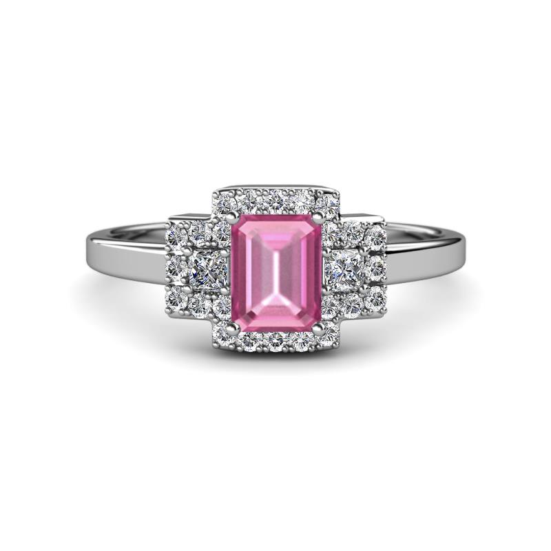 Jessica Rainbow Emerald Cut Lab Created Pink Sapphire with Round and Princess Cut Diamond Engagement Ring 