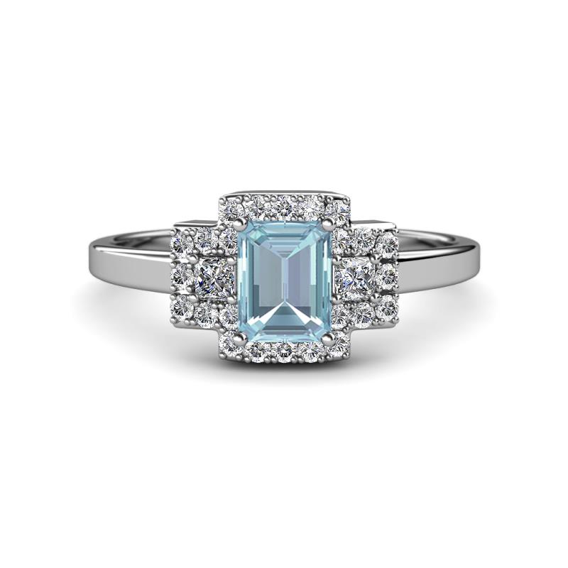 Jessica Rainbow Emerald Cut Aquamarine with Round and Princess Cut Diamond Engagement Ring 