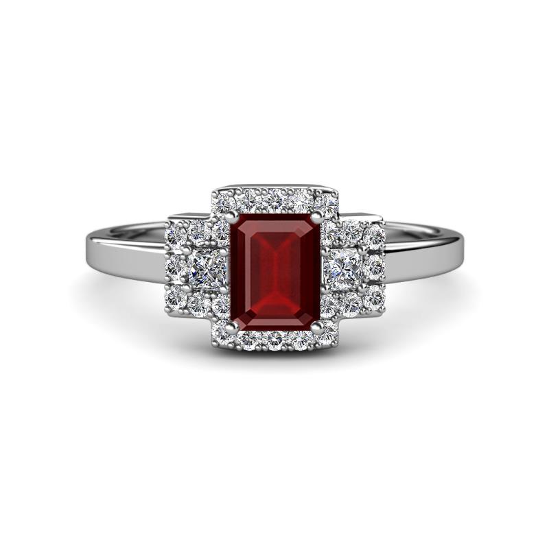 Jessica Rainbow Emerald Cut Red Garnet with Round and Princess Cut Diamond Engagement Ring 